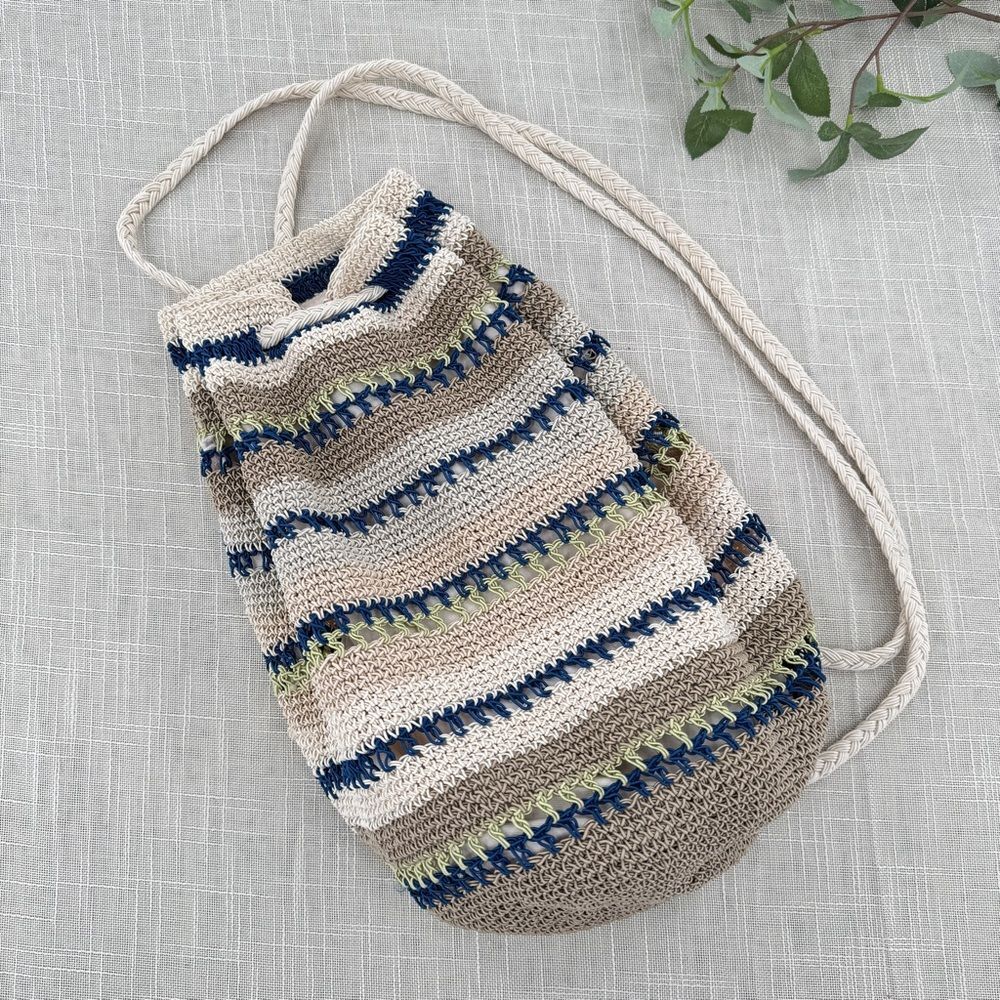 Crochet Stripe Bucket Bag Boho Coastal Beach Backpack Purse